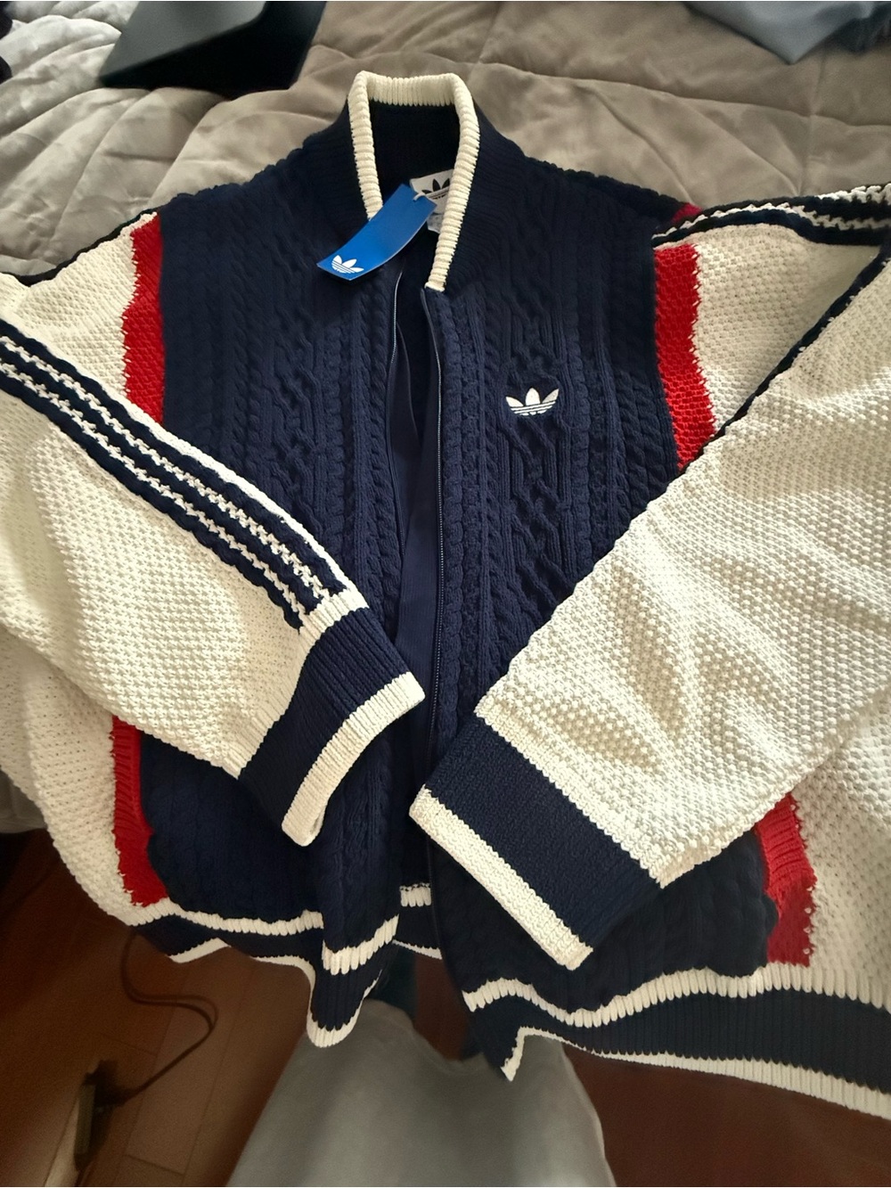 adidas Navy, White & Red Cable-Knit Zip Track Sweater